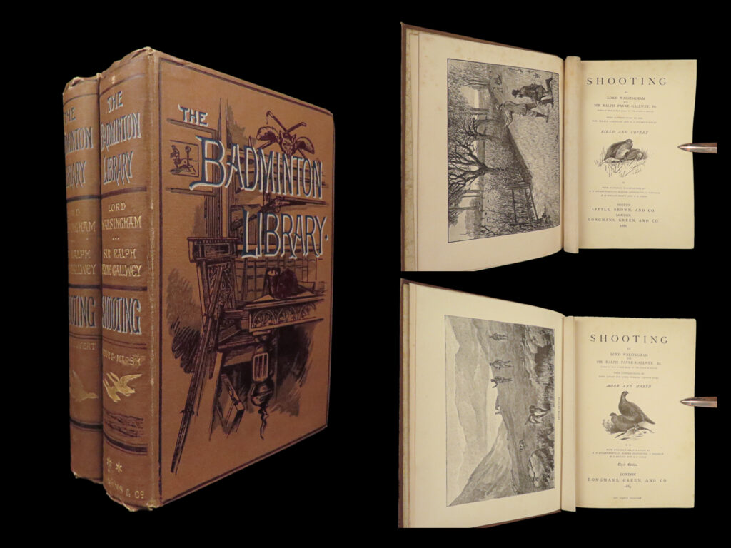 1886 shooting hunting guns sports & games poachers dog-training illustrated 2v | ‘<em>the badminton library</em>’ was perhaps the most important 19th-century encyclopedia published with the intent of providing the english public with reading on sports and leisure, skill improvement, and general knowledge of their favorite pastimes.   “<em>shooting” </em>is a fine work on all aspects of shooting and hunting. It provides tips and tricks for novice shooters as well as experienced marksmen. Other topics include choice of gun, partridge and pheasant shooting, rabbit hunts, poachers, dog-breaking and hunting dogs, as well as how to use clay pigeons.