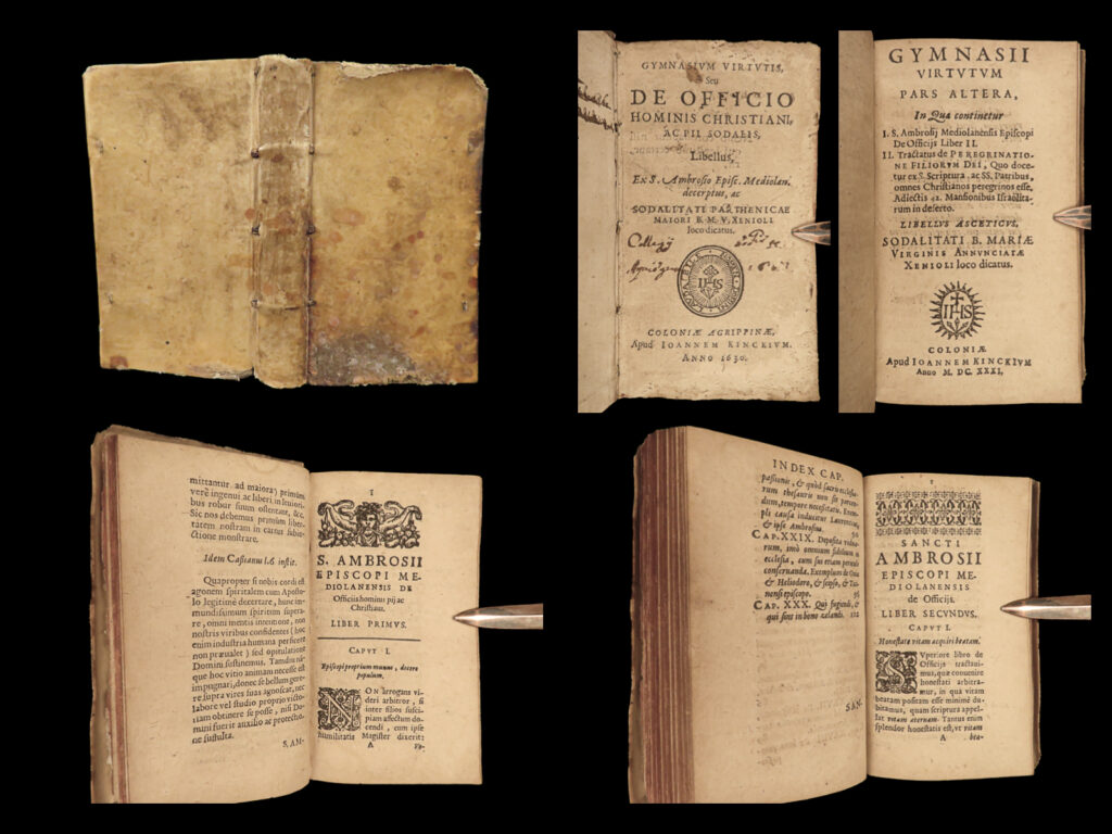 1630 saint ambrose bishop of milan cologne kinckius bible psalm 38 philosophy | “<em>no one heals himself by wounding another</em>. ” ― ambrose of milan   saint ambrose, bishop of milan, is the most important ecclesiastical father of the 4<sup>th</sup>-century and has continually been an influence both in milan and throughout the western world even though he has been associated with persecutions of non-christians.   most of surviving writings are exegetical in nature; letters and essays in which he writes on faith, offices of the church, the holy ghost, mysteries of god, commentary of the gospels and old testament, as well as funeral orations.   this 1630 edition of ambrose’s exegetical writings was published in cologne by kinckius and includes some of the following: <ul> <li>on psalm 38</li> <li>on how to check anger</li> <li>humors of philosophers removed by the church</li> <li>on fortitude</li> <li>on temperance</li> </ul>