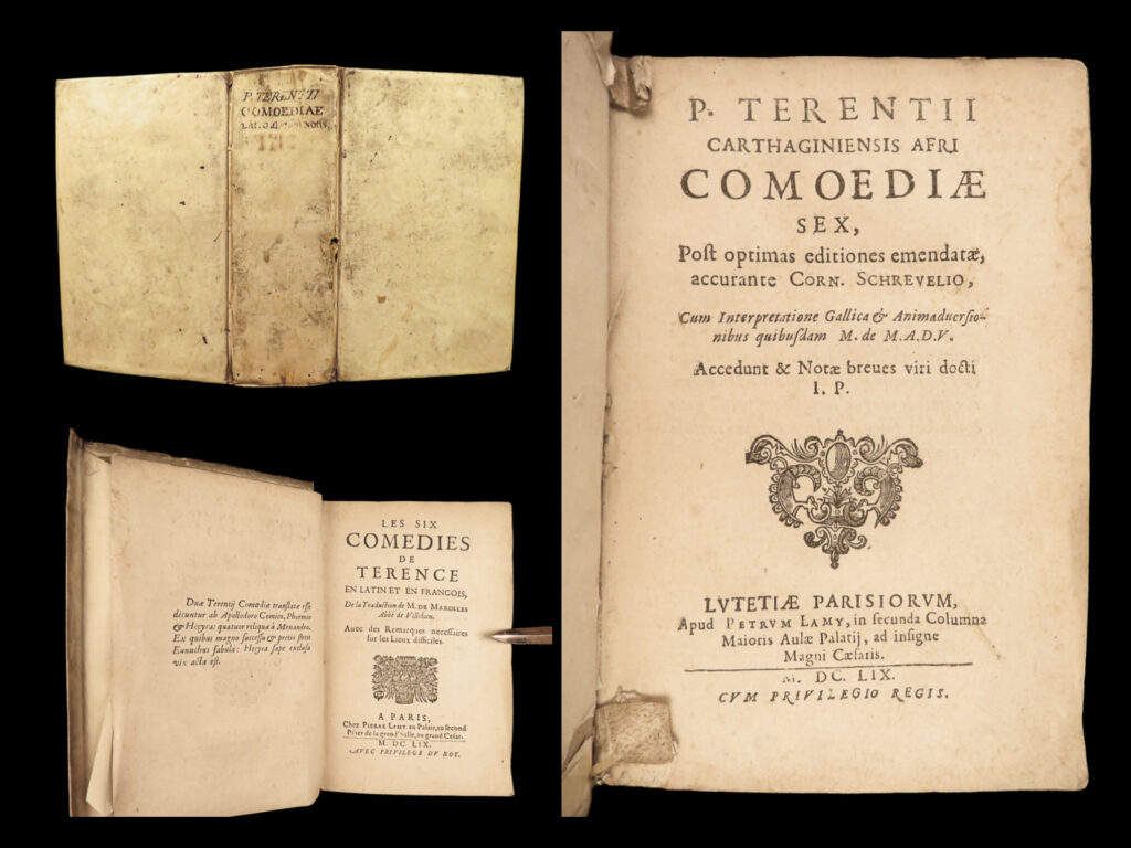1659 terence comedies greco-roman plays latin french peyrarede commentary rare | <em> </em> <em>"i am human, and i think nothing of which is human is alien to me. " </em> – terence, <em>the self-tormentor</em>   terence was a 2<sup>nd</sup>-century bc roman playwright who is most remembered for his comedies. His six plays, which all survive, were composed after he was freed from slavery. His plays were composed in simple latin and were popular during the middle ages, despite having prevalent themes of paganism throughout.   this 1659 edition is a highly desirable edition of terence. This printing features both latin and french translations in parallel pages – translated and edited by marolles and schrevel. It also contains a commentary on the works of terence by jean de peyrarède.   the works of terence include: <ul> <li>andria (<em>the girl from andros</em>)</li> <li>hecyra (<em>the mother-in-law</em>)</li> <li>heauton timorumenos (<em>the self-tormentor</em>)</li> <li>phormio (<em>phormio, the parasite</em>)</li> <li>eunuchus (<em>the eunuch</em>)</li> <li>adelphoe (<em>the brothers</em>)</li> </ul>  
