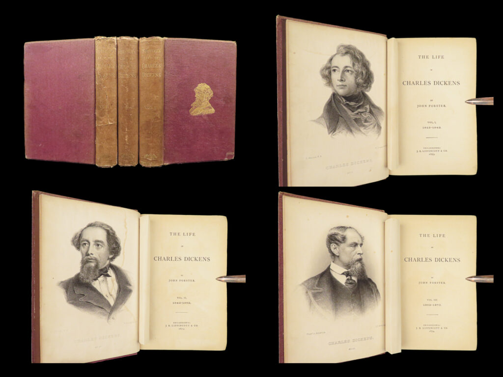 1873 life of charles dickens by forster a christmas carol oliver twist 3v set | “<em>the life of charles dickens</em>” is a detailed biography by john forster, a close friend and advisor to dicken, which offers a look into the life and career of dickens. The book reflects the deep personal connection between the author and dickens, who had entrusted forster with manuscripts and appointed him as a co-executor of his will, signifying a relationship built on trust and mutual respect.   the biography, initially released as a single volume in 1872 and later expanded, features <strong>numerous</strong> <strong>engravings </strong>of facsimile letters and sketch portraits. This 1873 edition was published in philadelphia in three volumes.