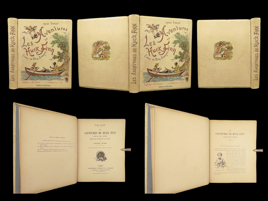 1886 rare 1ed paris french mark twain adventures of huck finn tom sawyer beauty | “<em>the adventures of huckleberry finn</em>,” by mark twain is one of the quintessential american novels. Twain’s narrative, which unfolds in the vernacular english of the time, describes the experiences of the young protagonist, huck finn. Huck, a character also featured in twain’s other works including “<em>tom sawyer abroad</em>” and “<em>tom sawyer, detective</em>,” narrates his adventures and misadventures along the mississippi river. Published over two decades after the southern antebellum society it depicts had vanished, twain’s novel offers a critical examination of prevailing societal attitudes, particularly concerning racism and the concept of freedom. Its impact has been profound, reshaping the landscape of literature in the united states with its authentic depiction of boyhood and its poignant satire.   this highly rare, first french edition of “<em>les aventures de huck finn l'ami de tom sawyer</em>,” translated from the original english by william little hughes, presents the seminal work of mark twain to a francophone audience. This translation, authorized by twain himself, includes 73 delightful black-and-white engravings by achille sirouy that capture the essence of the novel’s iconic setting and characters.