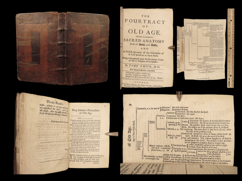 1676 portrait of old age john smith aging bible ecclesiastes solomon death dying | “<em>the pourtract of old age</em>” is a rare 17<sup>th</sup>-century treatise on dealing with aging. Based on ecclesiastes chapter 12, this book recounts king solomon’s account of old age – remembering youth, knowing dangers, relationships and connections, death and dying, diseases, and the body both holy and physical. Smith describes three separate stages of old age, per steven smith: <ol> <li>“crude, green, and while it is yet in the beginning” (working years)</li> <li>“full, mature, or ripe” (retirement, but active)</li> <li>“extreme, sickly, decrepit, ever-growing old age” (the end of life)</li> </ol>   this book serves as a reminder that aging is not the end, but rather a way to continue life and enjoy it.   this 1676 edition is considered quite rare!