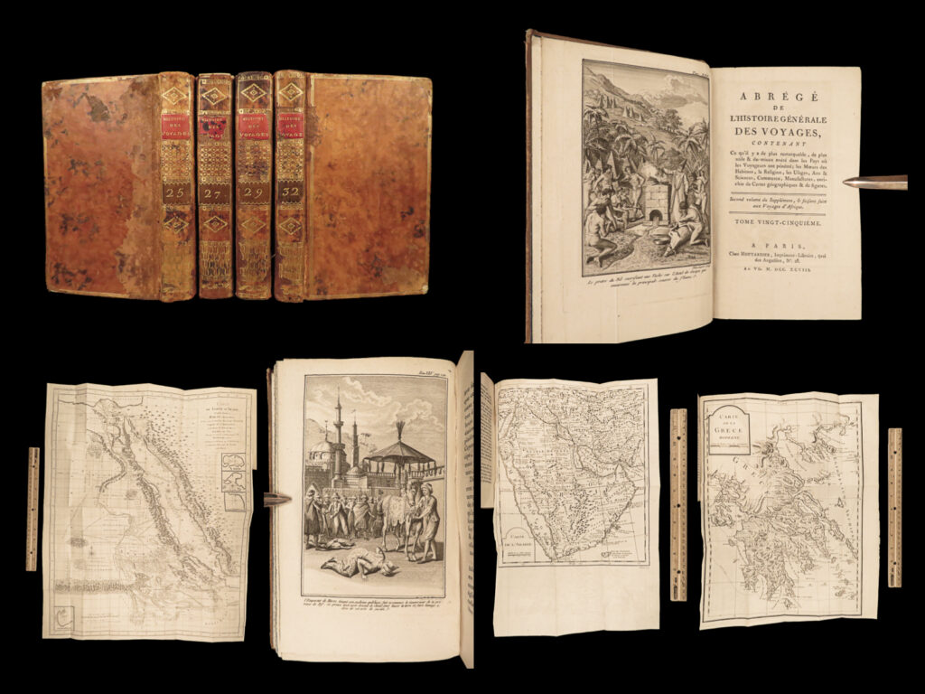 1798 voyages constantinople arabia james bruce hottentots africa pococke maps | <strong><u>the best book of its kind! </u></strong>   a rare book la harpe’s ‘<em>general history of voyages’</em>! This extensive work was begun by la harpe, and, after the first 21 volumes, was completed by several other historians. Not only does this work describe the geography of specific voyages, but it covers the sciences, commerce, religion, and customs of people groups from africa, asia, americas, and pacific islands. <em> </em> according to sabin, la harpe’s<em> ‘voyages’</em> is “a work that has met with greater success than any other of the same kind; the fidelity of the narration, the striking details of adventures, and the lively pictures of manners, etc. , it presents, will always give it a peculiar and lasting merit. <strong><u>contains all the early voyages of america. </u></strong>”   this lot includes volumes from the supplemental volumes. Notable contents found in these tomes including: <ul> <li>james bruce voyages in nubia, abyssinia, egypt</li> <li>william paterson voyages in south africa <ul> <li>hottentots</li> </ul> </li> <li>middle east voyages: <ul> <li>chardin in constantinople</li> <li>georgia</li> <li>armenia</li> <li>persia</li> </ul> </li> <li>voyages of tournefort and pockocke to constantinople, armenia, georgia</li> <li>voyages of tocat & d’angora</li> <li>ancient and modern constantinople – extensive descriptions</li> </ul>