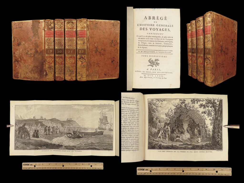 1780 capt james cook voyages carteret byron bougainville tahiti pacific ocean 4v | <em> </em> <strong><u>the best book of its kind! </u></strong>   a rare book la harpe’s ‘<em>general history of voyages’</em>! This extensive work was begun by la harpe, and, after the first 21 volumes, was completed by several other historians. Not only does this work describe the geography of specific voyages, but it covers the sciences, commerce, religion, and customs of people groups from africa, asia, americas, and pacific islands. <em> </em> according to sabin, la harpe’s<em> ‘voyages’</em> is “a work that has met with greater success than any other of the same kind; the fidelity of the narration, the striking details of adventures, and the lively pictures of manners, etc. , it presents, will always give it a peculiar and lasting merit. <strong><u>contains all the early voyages of america. </u></strong>”   this volume includes some of the world’s most famous voyages including, the most famous pacific ocean voyages, james cook’s voyages: <ul> <li>john byron on the anson voyages <ul> <li>meeting patagonians</li> </ul> </li> <li>philip carteret world voyages</li> <li>john wallis voyage around the world <ul> <li>expedition in tahiti</li> <li>queen obera</li> <li>tahitian boats</li> </ul> </li> <li>louis antoine de bougainville world circumnavigation</li> <li>famous james cook voyages – <strong><u>four volumes</u></strong> <ul> <li>head warrior from new zealand</li> <li>pirogue of war; new zealand battle boat (folding)</li> <li>indoor dance of the island of ulietea (folding)</li> <li>landing of middleburgh on the island of amis/tonga (folding)</li> <li>man from easter island</li> <li>christine island natives, chief</li> <li>impressive folding map of the pacific ocean</li> </ul> </li> </ul>