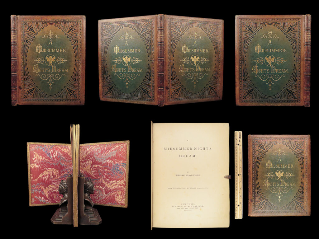 1874 exquisite shakespeare a midsummer night’s dream theatre fredericks art |   <em>“love looks not with the eyes, but with the mind,</em> <em>and therefore is winged cupid painted blind. ” </em> ― william shakespeare,<em> a midsummer night's dream</em> <em> </em> <em>“a midsummer night’s dream” </em>is one of william shakespeare’s most famous and popular stage works. It follows the adventures of young greeks and the faeries that try and manipulate them.   this 1874 edition was published in new york and features the exquisite illustrations of alfred fredericks, all bound in a beautiful, decorative green leather binding.