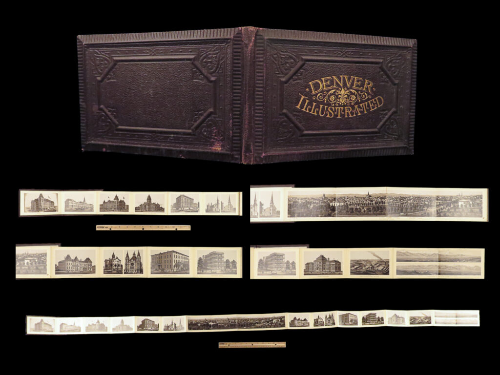 1881 denver colorado illustrated engravings mountains panoramas cathedrals argo | a rare, 19<sup>th</sup>-century collection of 16 illustrations of iconic locations and architecture of denver, colorado. This small, pocket-size book contains the following engravings: <ul> <li>windsor hotel</li> <li>union depot</li> <li>tabor opera house</li> <li>arapahoe county court house</li> <li>tabor block</li> <li>john’s cathedral</li> <li>central presbyterian church</li> <li>large panorama of denver</li> <li>university of denver</li> <li>arapahoe street school</li> <li>first baptist church</li> <li>grand central hotel</li> <li>wentworth house</li> <li>denver high school</li> <li>argo</li> <li>mountain range seen from denver – each peak identified</li> </ul>