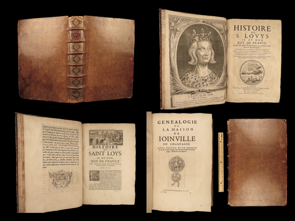 1668 king louis ix france crusades joinville cagne knights rare folio 3in1 |   louis ix of france was a 13<sup>th</sup>-century king, known for his 54-year reign of the french throne. His rule was highlighted by reforms made to the royal justice system, the annexation of maine and provence, and perhaps most notably his leadership in the 7<sup>th</sup> and 8<sup>th</sup> crusades.   the majority of what we know of louis ix’s life comes from jean de joinville (the king’s counselor) and his “<em>life of saint louis</em>”. Joinville offers details on the king’s life and reign, but the majority of the book focuses on the seventh crusade and louis’s time spent in the holy land during the wars.   this 1668 edition of joinville’s “<em>louis ix</em>” was collected and edited with notes by charles du fresne du cange. A huge french folio!
