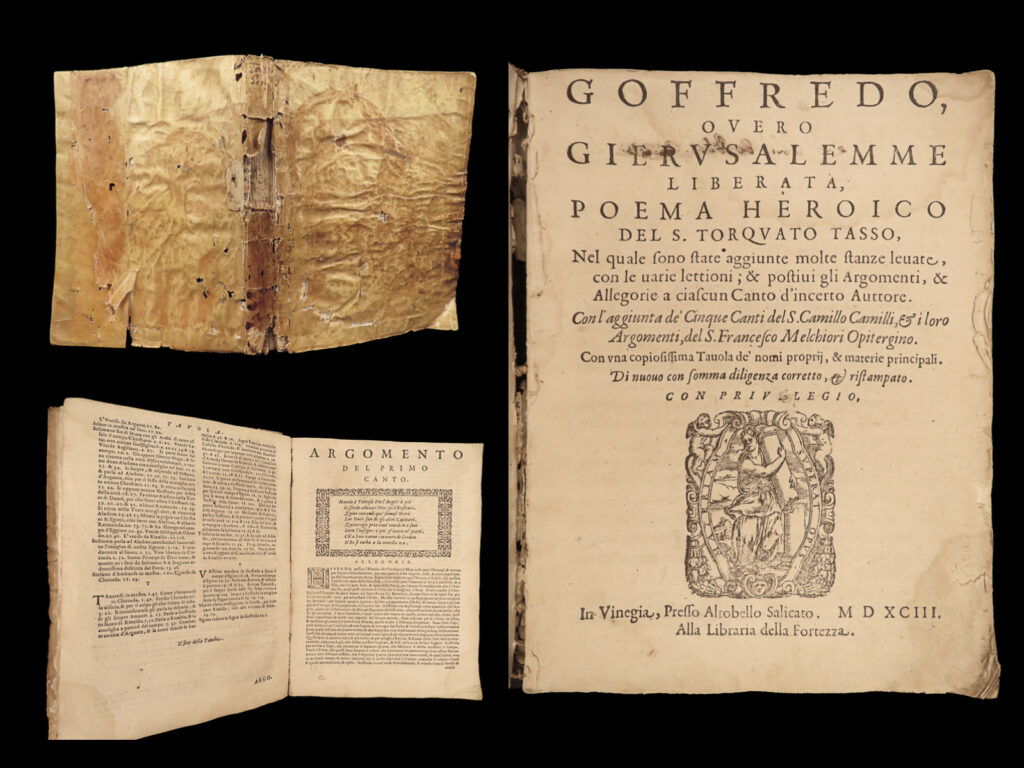 1593 crusades jerusalem delivered torquato tasso italian venice knights vellum | <em>“all he regarded; but in syria most, </em> <em>he mark'd the leaders of the christian host: </em> <em>that eye, whose penetrating glances dart </em> <em>to each deep secret of the human heart” </em> – torquato tasso, <em>jerusalem delivered,</em> canto i <em> </em> torquato tasso’s famous “<em>jerusalem delivered</em>” tells a mythical story of the first crusade, complete with christian knights battling muslim warriors. This rare 1593 italian edition was published in venice by altobello salicato.
