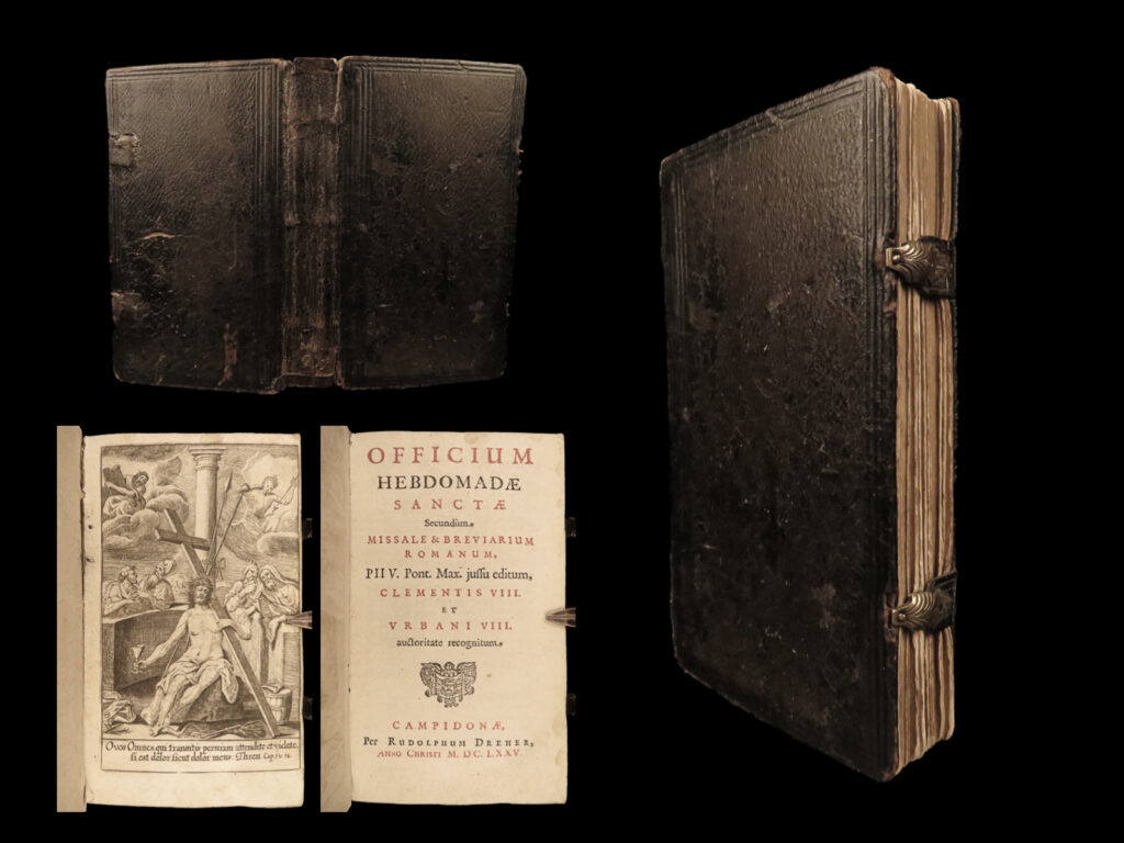 1675 rare holy week missal officium hebdomadae catholic pius urban kempten clasp | a rare catholic holy week breviary, “<em>officium hebdomadae sancate</em>”, filled with liturgical prayers, scripture passages for confessions and communion, and devotionals on the mysteries of the catholic church and faith. This 1675 edition was published in latin in kempten, germany by rudolph dreher. This particular example has fine, functioning brass clasps.