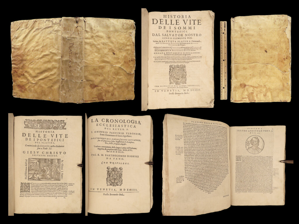 1594 lives of popes platina catholic church sacchi pagan halley comet sixtus ii | <strong><u>the standard reference work on papal history! </u></strong> <em> </em> bartolomeo sacchi, or platina, was a 15th-century italian humanist who is most remembered for his book ‘<em>vitae pontificum</em>,’ or ‘<em>lives of the popes</em>. ’ ‘<em>lives’</em> was an important work dedicated to the papacy of important catholic popes, but platina wrote the work through the lens of roman history with obvious themes of paganism. This book was the <u>first systematic handbook on papal history</u> and praises the punishment of heresy throughout the catholic church. Not only was this a famous papal reference, but it was one of the first printed works to contain mention of halley’s comet. This became an important inclusion because this work often was the lynchpin in the conflict between religion and science.   this impressive 1594 edition is illustrated with portrait engravings by panvinio and was translated into italian by bartolomeo dionigi. This edition is notable as earlier printings did not include the same portraits.