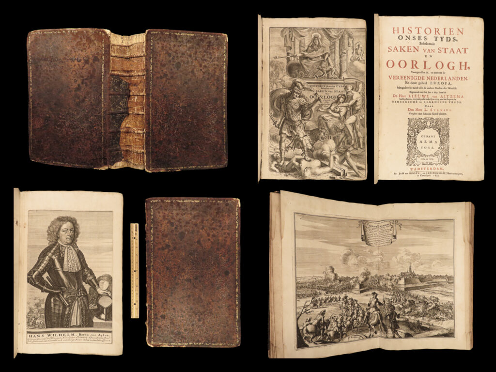 1685 dutch history 1ed netherlands anglo-dutch wars forts bos east india co rare | lambert van den bos’s “<em>historien onses tyds</em>” is a rare, 17<sup>th</sup>-century history of the netherlands. First published in 1685, this book, an enormous folio, contains descriptions of wars and diplomatic events involving the netherlands and other european countries between the years 1669 and 1679 with much information on the effects and influence of the dutch east india company and dutch trade throughout the world. It also focuses on the battles fought during the third anglo-dutch war and the franco-dutch war. Note the impressive, full and double-page illustrations including portraits and stunning views of forts!