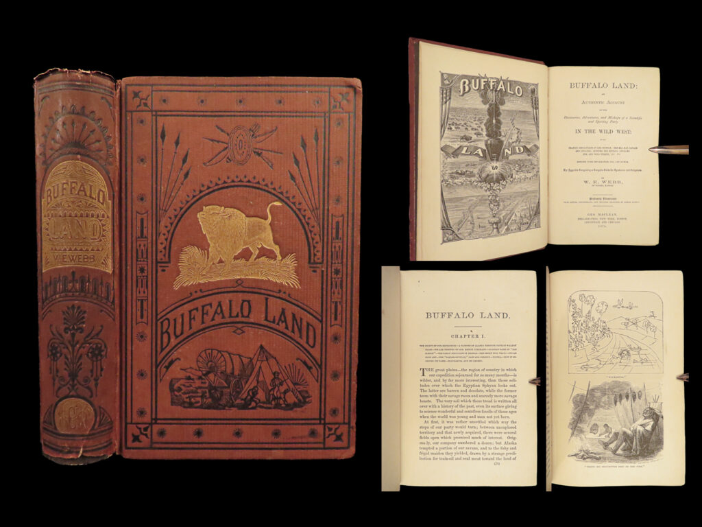 1874 buffalo land by webb native american indians buffalo bill wild bill hickok | w. E. Webb’s famous ‘<em>buffalo land’</em> was a 19<sup>th</sup>-century historical and informational account of native american tribes in kansas and the midwest states. While the kansas pacific railroad was under construction, webb published this book to help promote and benefit the project. It brought awareness to the life and careers of buffalo bill cody and wild bill hickok! Charmingly illustrated with over 50 engravings and photographs.