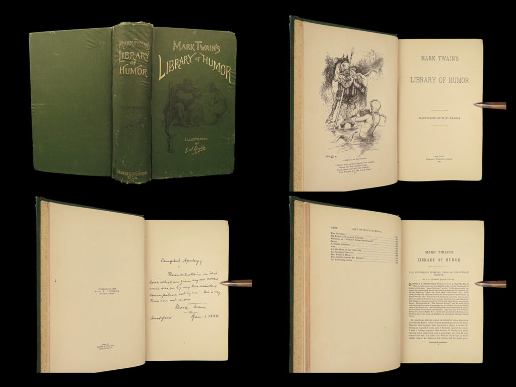 1888 mark twain 1ed library of humor short stories illustrated jumping frog | <em>“truth is stranger than fiction, but it is because fiction is obliged to stick to possibilities; truth isn't. ”</em> <em>–</em>mark twain   <em>“mark twain’s library of humor” </em>is a collection of short humorous stories. The work was a collaborative effort and though twain had the final say on the finished product, he contributed the least amount of work.  the “…<em>library of humor</em>” was a valuable piece containing many copyrighted works by many distinguished and popular authors.  some included stories from twain are: <ul> <li>the jumping frog</li> <li>a dose of pain killer</li> <li>sellers at home</li> <li>lost in the snow</li> <li>the tomb of adam</li> </ul>   this first edition is filled with famed illustrations by e. W. Kimble.  