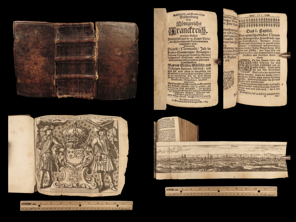 1689 incredible 1ed history france 100+ engravings castles forts city views maps | a rare 17<sup>th</sup>-century history of france. Written by johann beer, this german book is divided into 12 parts, each of which describe the various provinces, regions, and governorates. Beer offers descriptions of cities, castles, fortresses, and walls; and while the descriptions are important, it’s the <strong>100+ copper engravings</strong> throughout that make this book so desirable.  
