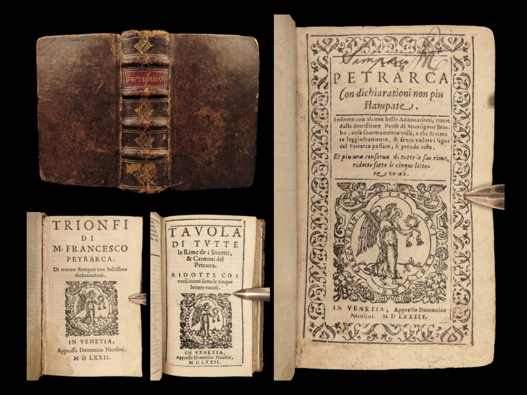 1573 petrarch poetry triumphs italian il petrarca venice bembo ridolfi tavola | petrarch was a 14<sup>th</sup>-century italian humanist known for his discovery of the letters of cicero and establishment of the study of humanism. He wrote sonnets and poems, many of which were the model of poetry during the dark ages. This exceedingly rare 1573 edition of the works of petrarch includes his ‘<em>triumphs’</em> and includes commentary and notes by pietro bembo. Interestingly, this work includes a printing of luca ridolfi’s “tavola” with a separate title page.