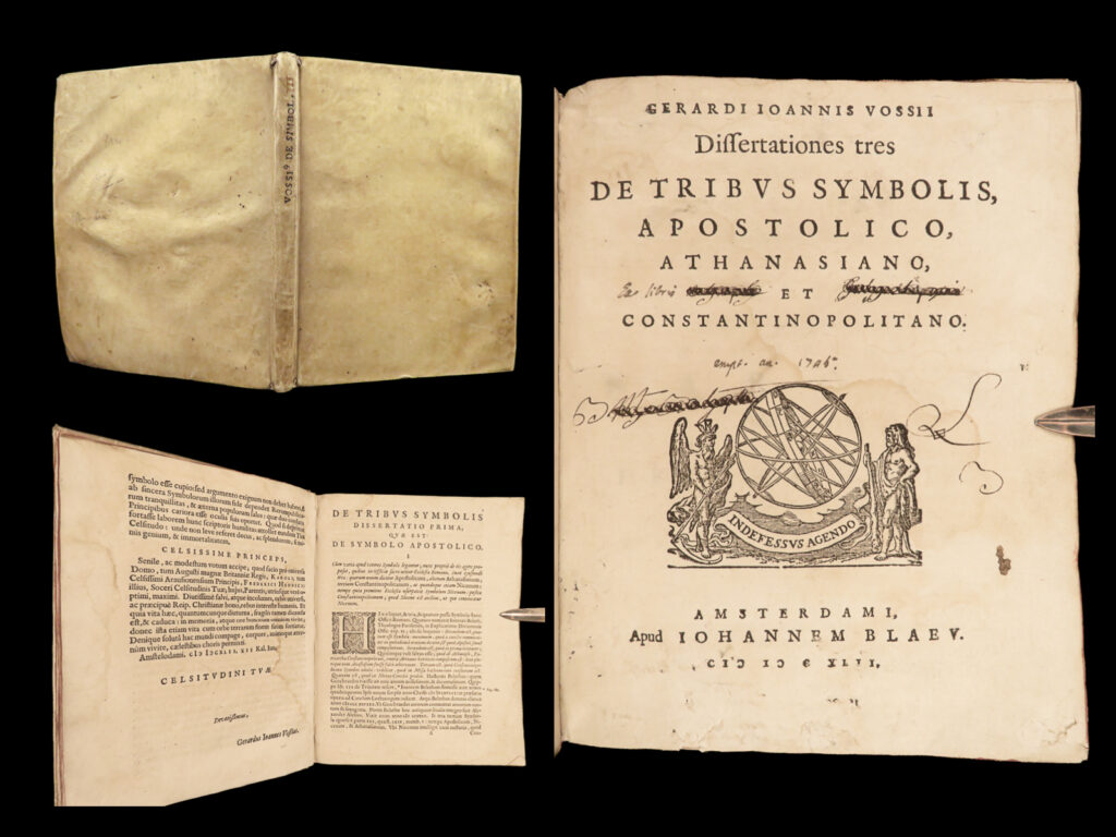 1642 dutch vossius symbols apostolic athenasian constantinople rare talon family |   gerardus vossius was a 16<sup>th</sup>-century dutch classical theologian known for being one of the first to treat theological dogmas and non-christian religions from a historical point of view, rather than the more accepted theological. His works of rhetoric were widely popular and were used as textbooks during and after his lifetime. He followed aristotelian thought and was influenced not only by aristotle, but also by cicero and other ancient philosophers.   this 1642 edition of the works of vossii was published by blaeu and includes one of this most important works: “<em>three dissertations on symbols – apostolic, athenasian, constantinople</em>”.