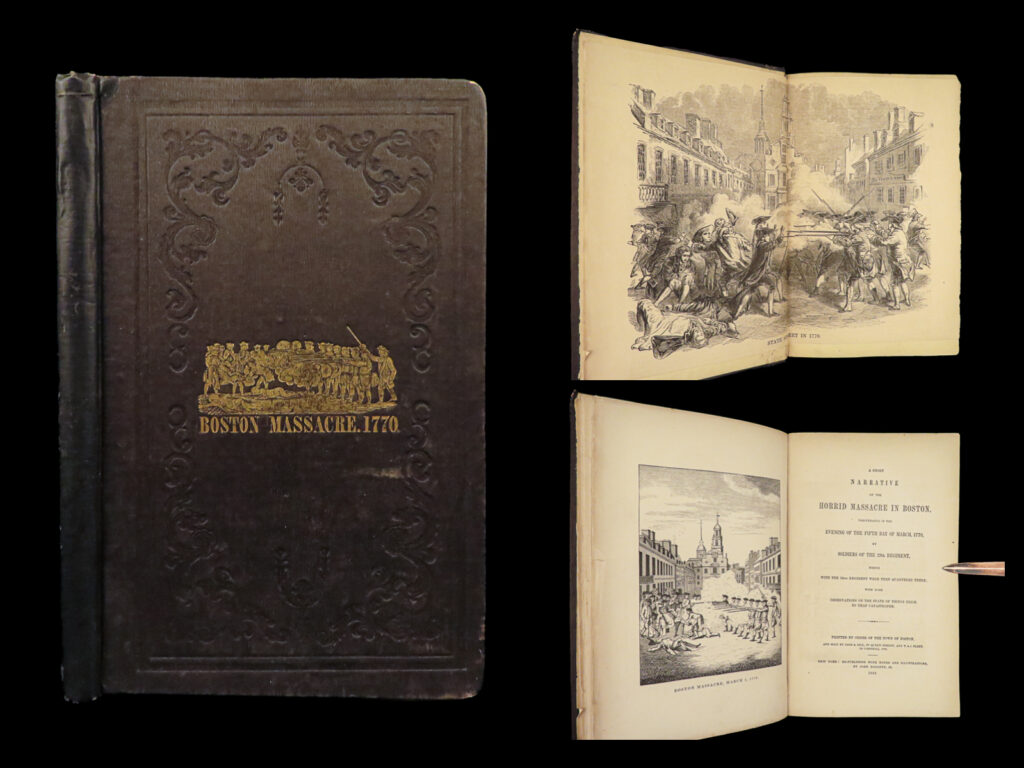 1849 boston massacre samuel adams map england townshend acts soldier americana | originally published in 1770 this ‘<em>short narrative of the horrid massacre in boston</em>’ was published within days of the events of the boston massacre on march 5, 1770 and included an appendix of ninety-six depositions from eyewitnesses. The book was printed by the town of boston written to england to share with the crown their patriot point of view. The story was compiled by 15 town members including samuel adams, and soldiers who were in town to help enforce the townshend acts and keep the peace in the restive city. Though under orders not to use their weapons against the citizenry on the evening of march 5, 1770, on king street, soldiers fired into an aggressive crowd, killing five people. <em> </em> this rare 1849 edition includes both the illustrated frontispiece of soldiers firing on citizens as well as the rare fold-out map!