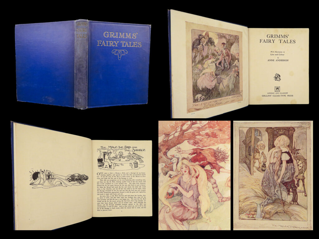 1922 grimm’s fairy tales grimm hansel gretel rapunzel english anne anderson art | a very rare printing of <em>grimm’s fairy tales</em>, with famous stories such as snow white, rapunzel, hansel and grethel, and much more. This 20<sup>th</sup>-century undated edition is illustrated with numerous engravings from the artwork of scottish artists anne anderson, many of which are in beautiful color!