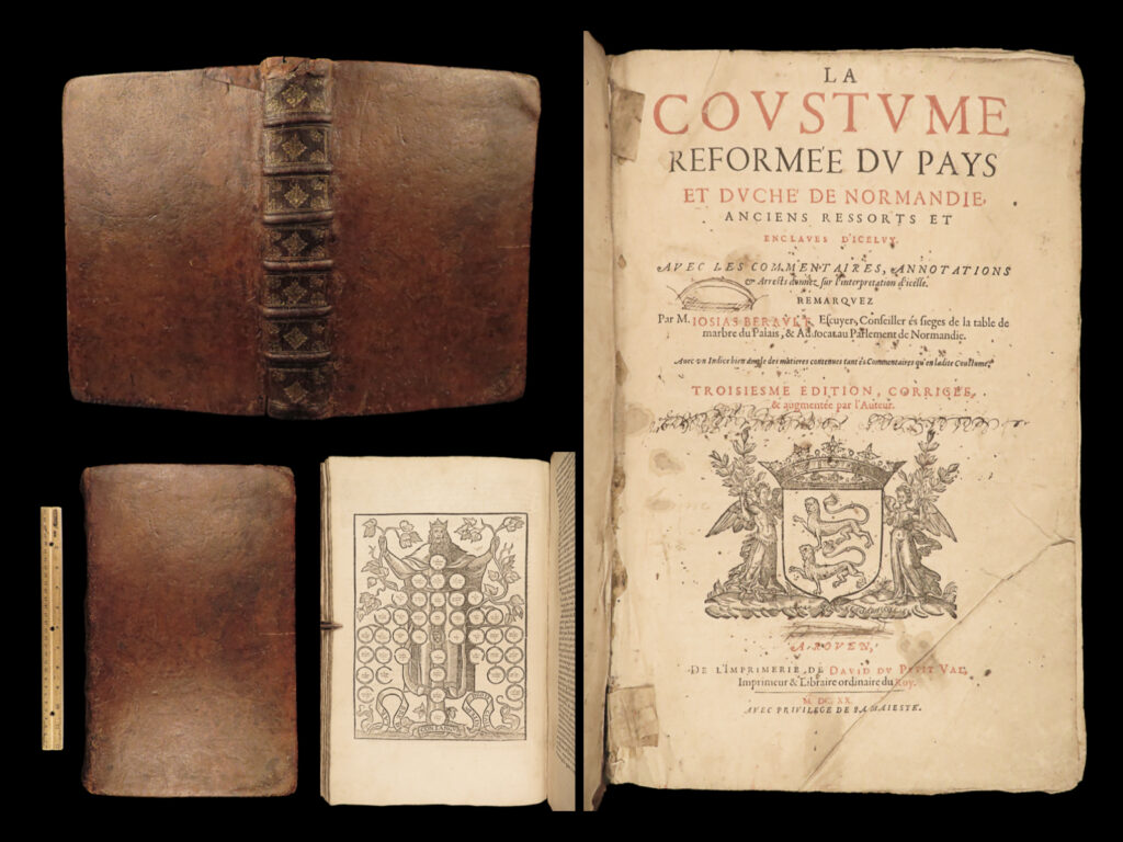1620 customs of normandy france civil law rouen caen french folio berault | josias berault’s “<em>la coustume reformee de normandie</em>” is a rare, early 17<sup>th</sup>-century survey of the customs of northern france. This book, which was first published at the end of the 16<sup>th</sup>-century, describes the cities in normandy including caen, rouen, bayeux, alençon, gisor, lisieux, and many others. This work also contains portions of the “coustume de normandie”, a 10<sup>th</sup>-century system of civil laws used in various french provinces.   this rare 1620 folio was published in rouen.