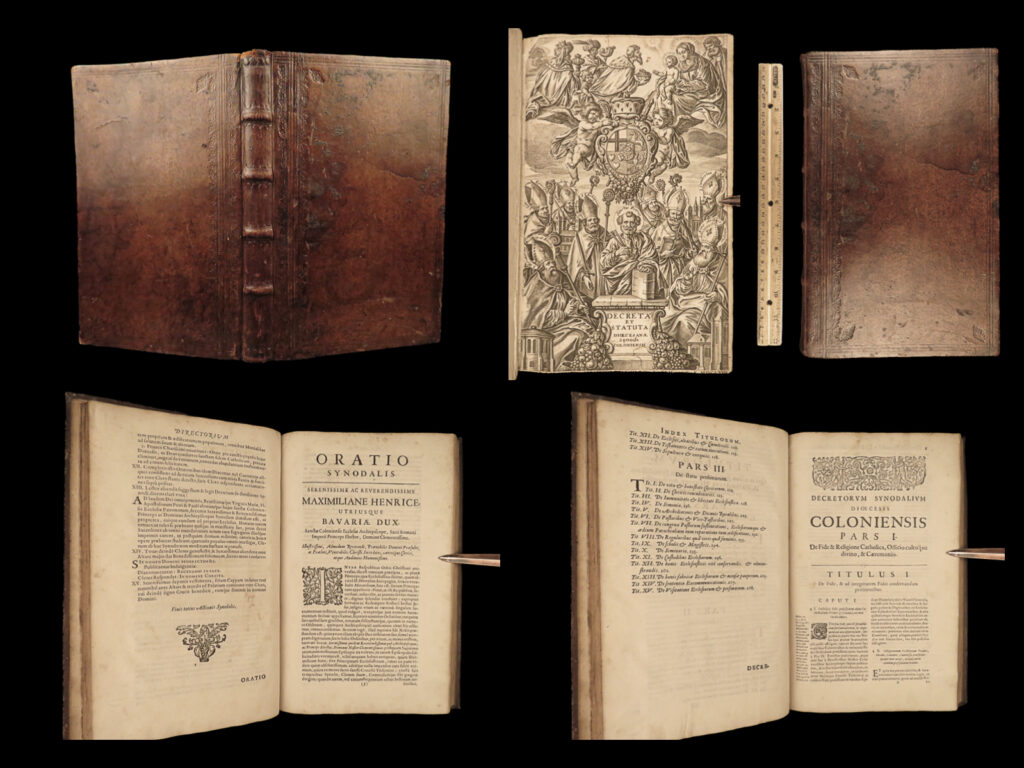 1667 exorcisms demons synod of cologne catholic church folio strategies of satan | catholic church <strong><em>decreta et statuta diœcesanæ synodi coloniensis</em></strong> coloniae agrippinae: apud joannem busaeum, 1667.   a rare 17<sup>th</sup>-century printing of the decrees and statues of the synod and archdiocese of cologne. This collection of ecclesiastical reports and laws consist of discussions on saint veneration, relics, the mass and liturgies, preservation of ecclesiastical goods, and much more. Perhaps most desirably, this <strong>book contains a section on exorcisms, existence of evil in the world, difficulties with exorcisms, instruction on exorcisms, and note tricks of the devil</strong>.