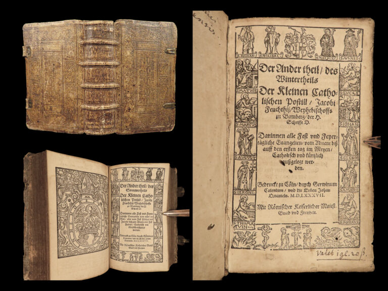 Image of 1587 German Renaissance BIBLE WOODCUTS Feucht Catholic Postil Cologne Pigskin