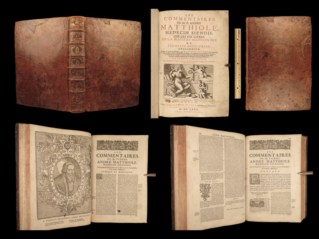 1680 mattioli herbal botany medicine pharmacy dioscorides kreuterbuch drugs | pietro mattioli was an important 16<sup>th</sup>-century tuscan physician whose medical and botanical treatises were reliable and accurate for centuries after first published. Perhaps his most famous treatise, ‘<em>kreutterbuch’</em> is one of the most important illustrated herbal and horticultural books to ever be published. According to ‘<em>heirs of hippocrates,</em>’ “in this commentary on dioscorides, mattioli prepared what many authorities now regard as <strong><u>the encyclopedia of renaissance pharmacology</u></strong>. He studied hundreds of plants, examined and described them fully, added many new species, and provided excellent illustrations which were far superior to those of any previous work in the field. ” (hoh 141)   mattioli included descriptions of other scientific studies such as fluid and water distillation and hippopotamus genitals used against snake bites – all of which are <strong><u>illustrated with hundreds of woodcut figures</u></strong> throughout!