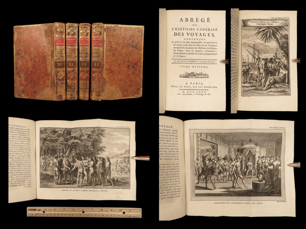 1780 voyages of christopher columbus america haiti mexico hernando cortez peru | <strong><u>the best book of its kind! </u></strong>   a rare book la harpe’s ‘<em>general history of voyages’</em>! This extensive work was begun by la harpe, and, after the first 21 volumes, was completed by several other historians. Not only does this work describe the geography of specific voyages, but it covers the sciences, commerce, religion, and customs of people groups from africa, asia, americas, and pacific islands. <em> </em> according to sabin, la harpe’s<em> ‘voyages’</em> is “a work that has met with greater success than any other of the same kind; the fidelity of the narration, the striking details of adventures, and the lively pictures of manners, etc. , it presents, will always give it a peculiar and lasting merit. <strong><u>contains all the early voyages of america. </u></strong>”   this volume includes some of the world’s most famous voyages including: <ul> <li>voyages of christopher columbus <ul> <li>columbus engaging with local tribes, haiti</li> </ul> </li> <li>voyages and discoveries of vasco nugnez las casas</li> <li>hernando cortez in mexico, yucatan <ul> <li>conquest of tlaxcala, mexico</li> </ul> </li> <li>montezuma, life and military</li> <li>voyages in mexico <ul> <li>failed attempts of panfilo de narvaez to stop cortez</li> <li>death of montezuma</li> <li>cortez at tlaxcala</li> </ul> </li> <li>description of mexico and mexican provinces <ul> <li>mexican customs, idol huitzilopochtli</li> <li>royal dinner dances</li> </ul> </li> <li>conquests in peru <ul> <li>expeditions of spanish conquistadors francisco pizarro and diego de almagro</li> </ul> </li> <li>voyages in peru</li> <li>description of peru, origins of ancient incan peoples <ul> <li>differences / similarities between modern peruvians and creoles - costumes</li> <li>on ancient peruvians</li> <li>description of incan wedding ceremonies</li> </ul> </li> <li>mining in peru, andes mountains</li> <li>tour of condamine on the amazon river</li> <li>voyages of french and spanish mathematicians in quito, ecuador</li> <li>expeditions on the rio de la plata and guyana. </li> <li>voyages in south america</li> <li>natural history of the guianas, panama, and brazil</li> <li>establishments in brazil <ul> <li>interesting perspective on columbus having the chance to discover brazil, but instead insisting on not leaving trinidad. </li> <li>discovery of brazil by portuguese explorer pedro alvarez cabral. </li> <li>the influence of european wars on the developments of portuguese colonization in brazil</li> <li>growth of rio de janiero</li> </ul> </li> <li>description of the amazon river through brazil</li> <li>curious description on the jararacucu, venomous pit vipers with stories of the men they have killed. </li> </ul>