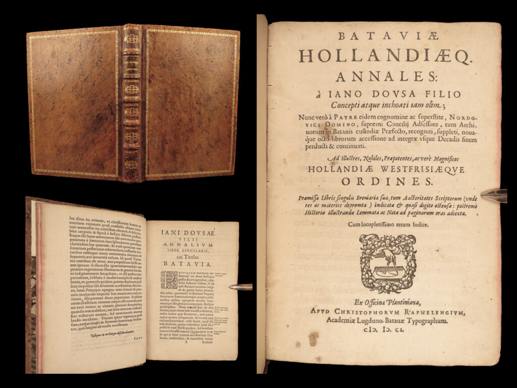 1601 holland & batavia 1ed plantin press janus dousa netherlands rome caligula | janus dousa was a 16<sup>th</sup>-century dutch historian who is primarily remembered for being the archivist at leiden university. While there, dousa wrote one of his best and most authoritative works – “<em>annals of batavia and holland</em>”. This work proved invaluable even though it was written as historical prose instead of a chronological history. This 1601 first edition is rare and valuable and should be considered one of the best works of the history of the netherlands and batavia including ancient roman rule in northern europe!