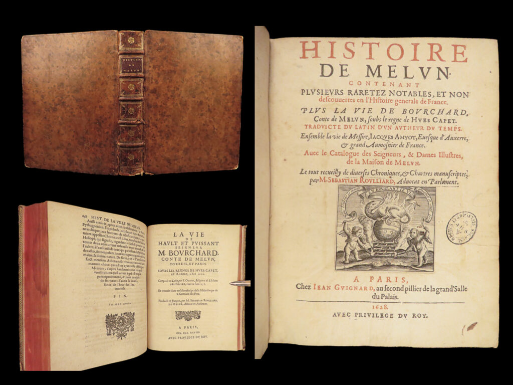 1628 melun france 1ed rome valentinian hugh capet peter abelard rare bouchard | sebastien roulliard’s “<em>history of melun</em>” is a rare, early 17<sup>th</sup>-century historical survey of the french region of melun. Roulliard, a native of melun, had a special interest in the area offering descriptions of the earliest times in melun: <ul> <li>roman rule in north central france <ul> <li>life and reign of emperor valentinian i</li> </ul> </li> <li>reign of childebert i, king of the franks</li> <li>hugh capet and the 9<sup>th</sup> and 10<sup>th</sup>-century capetian rule</li> <li>life of bouchard i of montmorency</li> <li>life and influence of peter abelard</li> </ul>
