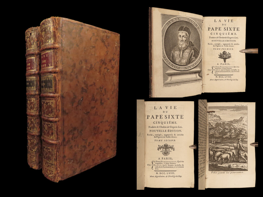 1758 life of pope sixtus v gregorio leti counter reformation rome vatican 2v | <em>“while i live, every criminal must die” </em> – pope sixtus v <em> </em> a rare biography of the life of pope sixtus v by the famous gregorio leti. Leti was known to possess an ‘anti-papal’ view when it came to his historical writings, however, “<em>the life of pope sixtus v</em>” was widely read and translated throughout europe during the 17<sup>th</sup>- and 18<sup>th</sup>-century. Even though leti was called ‘inexact’ by the catholic encyclopedia and ‘inaccurate’ by the lutheran church, his historical importance and relevance is well-known and unprecedented. (mosheim, 194).   pope sixtus v was revered for his role in eradicating and decreasing corruption and disorder throughout rome. While he provoked controversy by destroying some iconic antiquities, he rebuilt much of the papacy, restored economic conditions, and was a central figure in the counter-reformation. <em> </em>