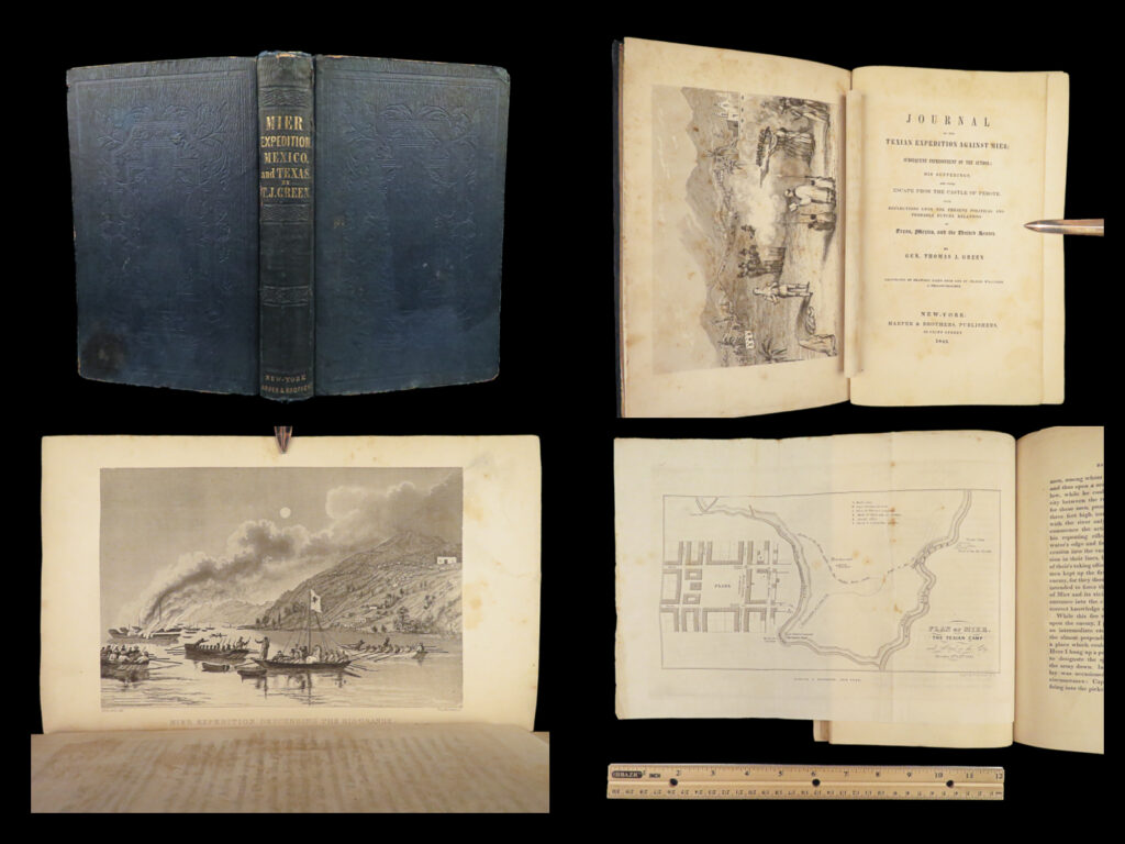1845 texas 1ed cuidad mier texian expedition mexico prison escape sam houston | thomas jefferson green was a 19<sup>th</sup>-century american politician who is curiously much better remembered for his expeditions into mexico. One of his expeditions ended in disaster. The mier expedition, as it is commonly known today, began in 1842 when a militia from texas took up arms at the mexican border, but the mexicans defeated green and the rest of the party at the battle of cuidad mier. While green survived the battle, he was taken prisoner by the mexican defenders. Green would ultimately escape from prison and would later write a book recounting his experience in battle, imprisonment, and escape!   first published in 1845, this book is an excellent and highly reliable resource on the texas / mexico land disputes of the mid-19<sup>th</sup>-century.