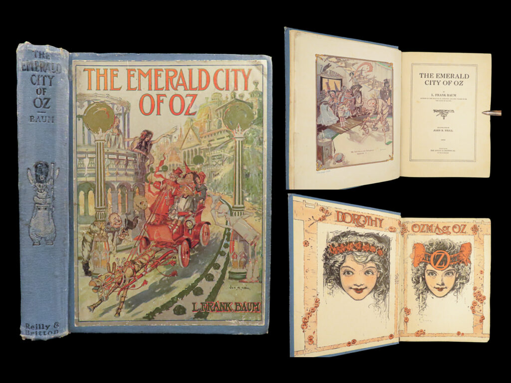 1910 emerald city in oz 1ed 1st frank baum children fantasy neill illustrated | “<em>the emerald city of oz</em>,” by l. Frank baum is the sixth book in the “land of oz” series. The story follows dorothy as she relocates her family to oz, escaping financial troubles. Concurrently, the nome king plans to invade oz with various allies, each harboring secret motives. As dorothy’s family tours oz, they meet unique characters. Ultimately, ozma and her friends foil the invasion using the magic belt and fountain of oblivion, while glinda renders oz invisible and unreachable for protection.   published by the reilly and britton co. In 1910, this first edition includes 16 full-page color illustrations by john r. Neill that bring the magical world and its inhabitants to life.