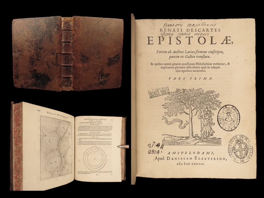 1668 rene descartes principia philosophy & science physics geometry optics rare | <em>“it is not enough to have a good mind; the main thing is to use it well. ” </em> – rené descartes <em> </em> rené descartes was a 17<sup>th</sup>-century french philosopher whose theories and discoveries spawned an influx of commentary and responsive writings from western philosophers. Following the success of ‘<em>principia</em> <em>philosophiae’</em>, descartes began corresponding with elizabeth of bohemia. These letters included studies in moral philosophy, physics, geometry, mechanics, and many other scientific topics. These letters were published in this 1668 amsterdam edition – ‘<em>epistolae’</em>.