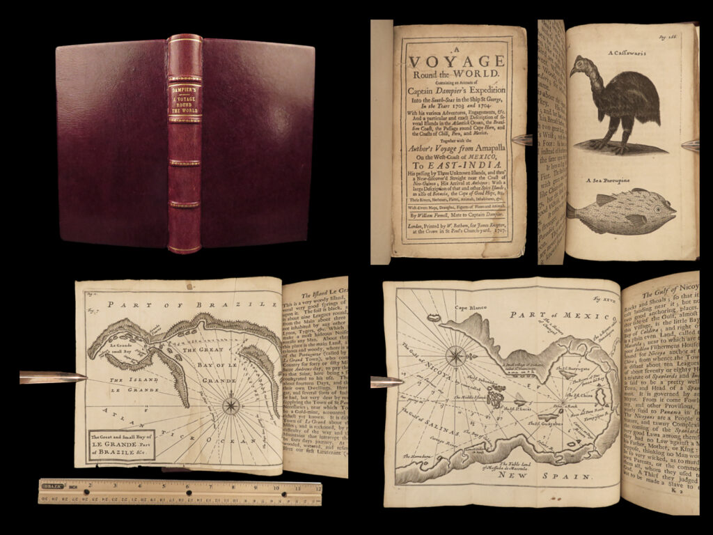 1707 william dampier voyages 1ed illustrated maps pirates peru honduras funnell | an incredibly rare and desirable voyages book on william dampier’s 1703 south seas voyage! ‘<em>voyage round the world’, </em>reminiscent of dampier’s similarly titled work, covers the most important and aspects of dampier’s adventures in mexico, brazil, cape horn, chili, and peru.   author william funnel was the first mate to dampier and wrote a first-hand account of all the encounters and discoveries on dampier’s voyage. This voyage, which circumnavigated the world, was initiated with the intents of pirating spanish ships for their role in the war of spanish succession. Unfortunately for dampier, mutiny was afoot and he was marooned at amapalla bay. Funnell completed the voyage for dampier and published this exceedingly rare and valuable account of the voyage.   this 1707 first edition features stunning folding maps and full-page illustrations. The map of the gulf of amapalla is especially desirable.