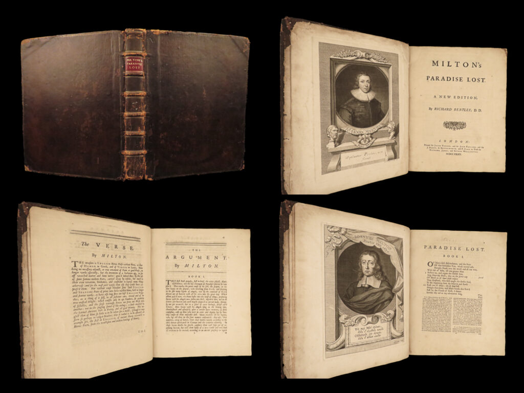1732 paradise lost by john milton english poetry famed richard bentley folio | <em>“the mind is its own place, and in itself can make a heaven of hell, a hell of heaven. ”</em> ― john milton,<em> paradise lost </em> <em> </em> ‘<em>paradise lost</em>’ follows the biblical story of the fall of man and the temptation of adam and eve. Milton himself states that purpose for this book was to “justify the ways of god to men”. It covers the characters adam, eve, and satan and the roles each played in the development of religious culture and idolatry.   it was critically acclaimed and well-received by many famed personalities, including samuel johnson who states. “[paradise lost shows] milton’s peculiar power to astonish…and he seems to have been well acquainted with his own genius, and to know what it was the nature had bestowed upon him more bountifully than upon others: the power of displaying the vast, illuminating the splendid, enforcing the awful, darkening the gloomy, and aggravating the dreadful.   this 1732 edition includes notes and edits made by richard bentley.