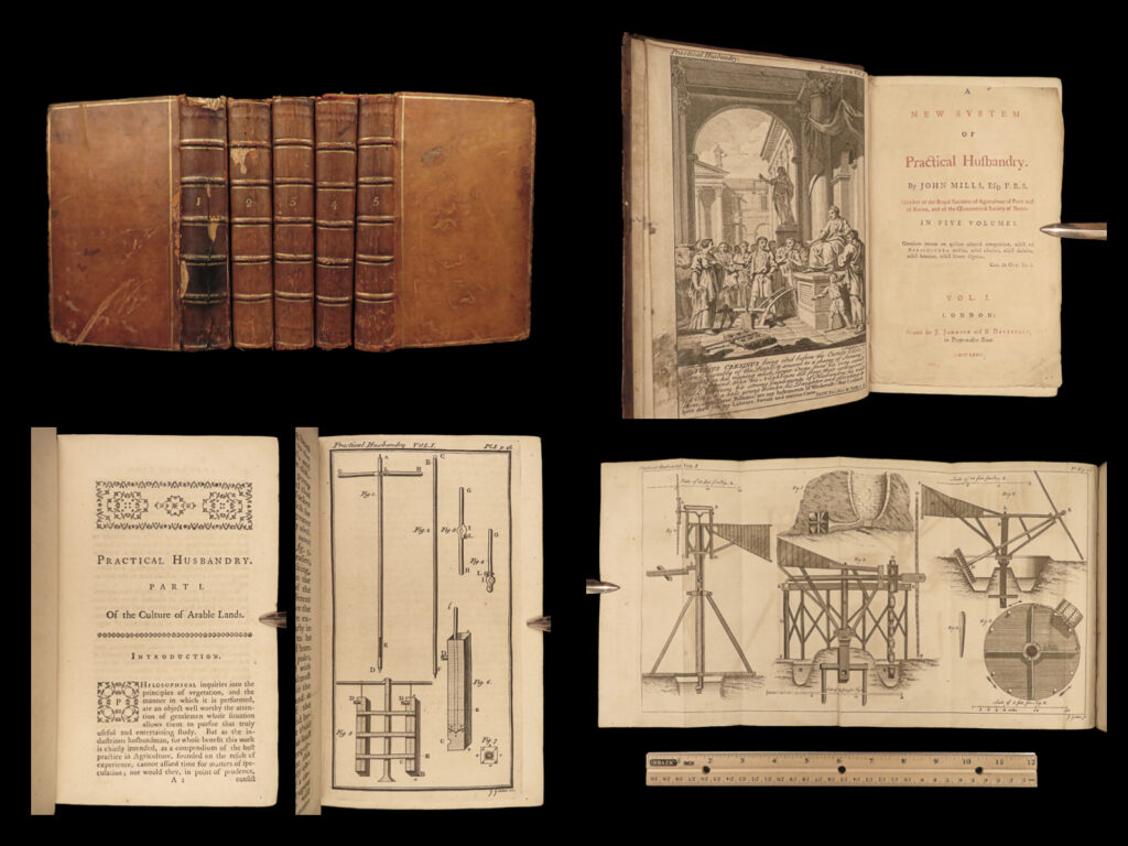 1767 husbandry farming horses beer wine horseshoes mills 5v set john adams usa |   john mills’s “<em>practical husbandry</em>” is a thorough survey on farming and rural life. Mills offers direction producing strong soils for plant growth, cultivating the land, farming tools and plows, shoeing horses, fermenting beers and wine, harvesting fruits and vegetables, and so much more. <strong>this impressive five-volume set is known to have been in the library of famous founding fathers, including john adams! </strong>   this 1676 edition includes numerous full-page and folding engravings!