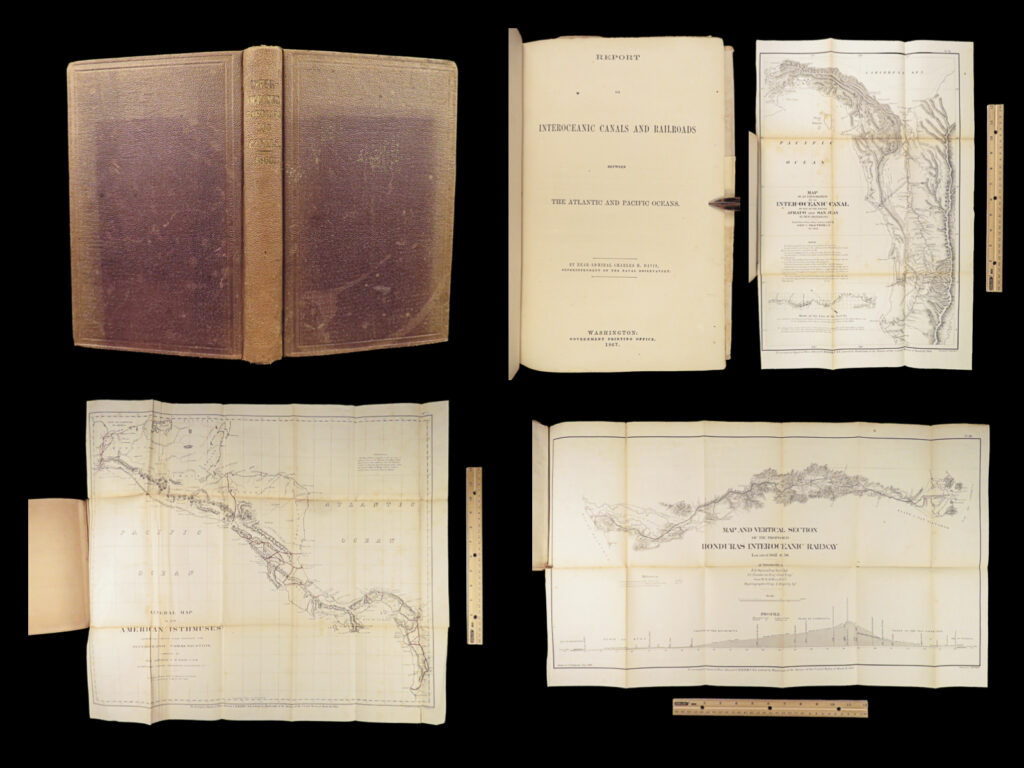 1867 canals & railroad engineering panama canal enormous maps south america | charles henry davis’s “<em>reports on interoceanic canals and railroads</em>” is a rare 19<sup>th</sup>-century account of engineering and construction of canals and railroads in south america. In 1866, davis, an american naval surveyor, was hired to help create interconnecting canal routes from the caribbean sea to the pacific ocean. His ‘<em>report’</em> proved to be an invaluable resource in the establishment of central american canals, most notably the panama canal (which is covered in this 1867 edition. ) this work contains 14 enormous folding maps of central american countries, coastlines, and waterways.
