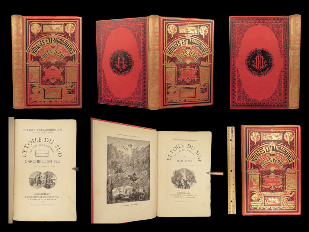 1884 jules verne 1ed vanished diamond archipelago on fire hetzel elephants! 2in1 | <em>“reality provides us with facts so romantic that imagination itself could add nothing to them. ” </em> <em>― </em>jules verne <em> </em> jules verne’s adventure novels are some of the most popular and famous works of literature of all time. Known mostly for his works of science fiction, this first edition of <em>“the vanished diamond”, </em>part of verne’s ‘<em>extraordinary voyages’</em>, follows the story of a mining engineer who seeks to study the formation of diamonds. It is a story of love and adventure, written in the classic ‘verne’ style.   this rare, 1884 first edition includes the famed ‘two elephants’ on the front cover! As expected, this edition includes one of verne’s least known adventures novels – ‘<em>the archipelago on fire’</em>. Two first edition works in one!   <em>note on dating</em>: like many other verne first editions, the title page included was issued in each edition, including later printings. This particular edition of verne’s was published in 1884 – note the ads at the end advertising for the releases in the 1885 print year.