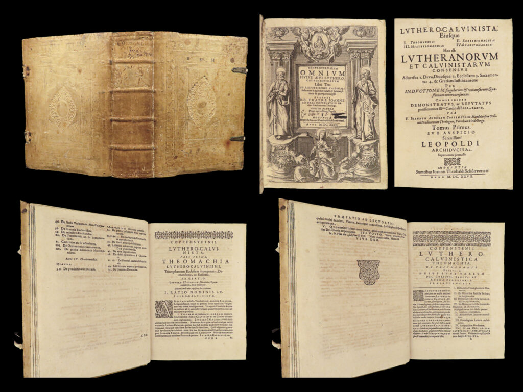 1625 coppenstein on bellarmine catholic counter reformation luther calvin mainz | johannes andreas coppenstein was a 17<sup>th</sup>-century dominican clergy known for his controversial writings during the counter-reformation. While he served as a preacher, his 17<sup>th</sup>-century ‘journalism’ proved to be the epitome of discussing and covering cardinal controversies – none more prominent than those of cardinal robert bellarmine.   this enormous, mainz-printed edition of coppenstein’s commentary and survey of bellarmine’s “<em>controversies</em>” (i. E. His lectures) was published over a series of years highlighting bellarmine’s attempts at systemizing disputes between catholics and protestants. In fact, much of bellarmine’s career was devoted to these religious struggles – all of which are apparent in this edition of coppenstein.  