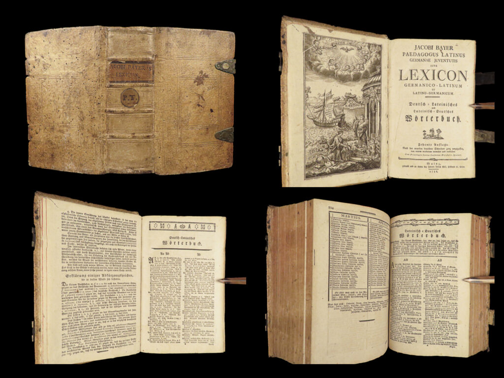 1786 mainz clasp binding bayer latin german lexicon dictionary linguistics |   a rare 1786 printing of jakob bayer’s latin german lexicon. This huge tome contains both latin and german languages with thousands of word translations all bound in a decorative vellum binding with functioning brass clasps.
