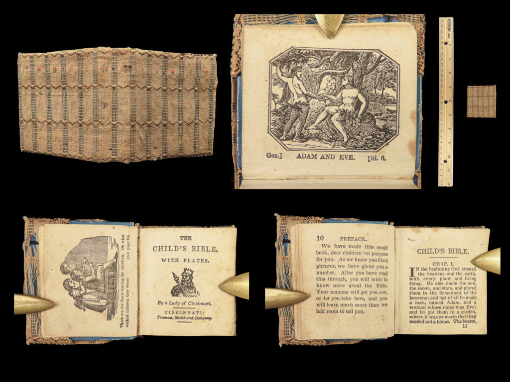 1834 1st/1st tiny bible illustrated children’s bible stories miniature christian | an absolutely incredible, early 19<sup>th</sup>-century children’s bible. “<em>the child’s bible</em>” is a remarkable piece – it is just over 2 square inches! It’s tiny! Though the size of book alone isn’t the only draw. It contains numerous full-page engravings – incredibly small, detailed bible scenes! This first edition printing is considerably rare as it is one of only five recorded copies remaining worldwide!
