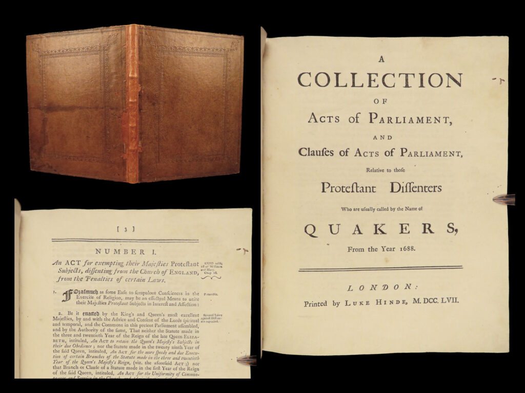 1757 quakers dissenters america colonies glorious revolution acts of parliament |   a rare 18<sup>th</sup>-century printing of the acts of british parliament beginning with the glorious revolution in 1688. This collection, published in 1757, contains information on dissenters and the feuds between protestants and catholics in the early 18<sup>th</sup>-century. The most desirable aspect of this work, however, is the inclusion of the <strong><u>acts concerning america</u></strong>: <ul> <li>the king’s attempts to recoup debts from american colonies</li> <li>acts discussing growth of coffee in america</li> <li>clauses for naturalizing protestants in american colonies</li> </ul>  