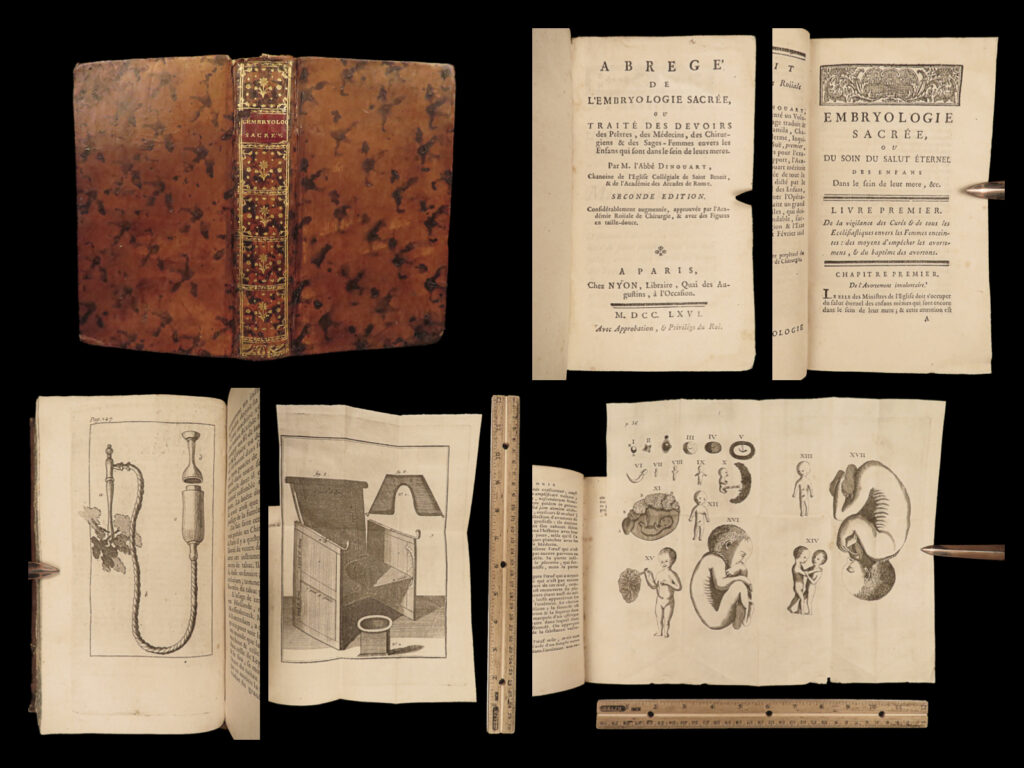 1766 cangiamila sacred embryology obstetrics childbirth medicine abortion paris | françois-emmanuel cangiamila was an 18<sup>th</sup>-century italian cleric who served most of his career in palermo. His ecclesiastical career, however, was significantly different from most of his contemporaries. His fame rests solely on his book ‘<em>sacred embryology</em>’ – a treatise on the roles and responsibilities of unborn babies and pregnant mothers within the church. Cangiamila describes the expectations of doctors and surgeons, as well as those of the priests and even midwives.   cangiamila wrote what proved to be a unique pairing of obstetric medicine and theology with much attention given to confession and prayer during pregnancy, private hygiene of the expectant mother, and legal medicine as it related to pregnant women.   french author joseph dinouart published an abridged summary of cangiamila’s ‘<em>embryologie sacree’</em>. It features engravings of surgical tools, instruments, and anatomical views.