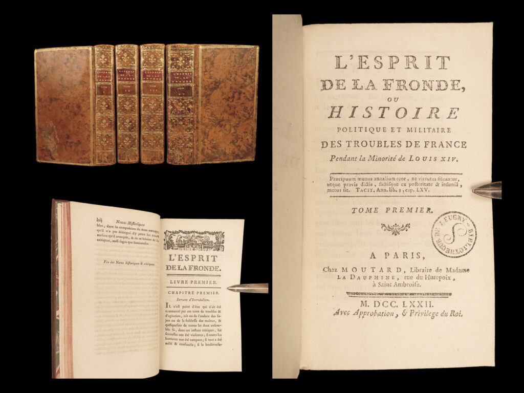 1772 history of the fronde 1ed french civil wars spain pyrenees mailly 4v set | during the mid-1600s, a series of civil wars erupted in france during the height of the franco-spanish war. This time period, which lasted for only five years during the reign of louis xiv, has become known as the fronde. These wars, most of which were spear-headed by the king himself, helped establish what would become an the absolute monarchy in france. Author jean baptiste mailly wrote one of the best accounts of the history of the fronde providing details on louis xiv’s commands, as well as the struggles of the spanish empire against france, and the influence of the english military in the successes of the french throne and the peace of the pyrenees.