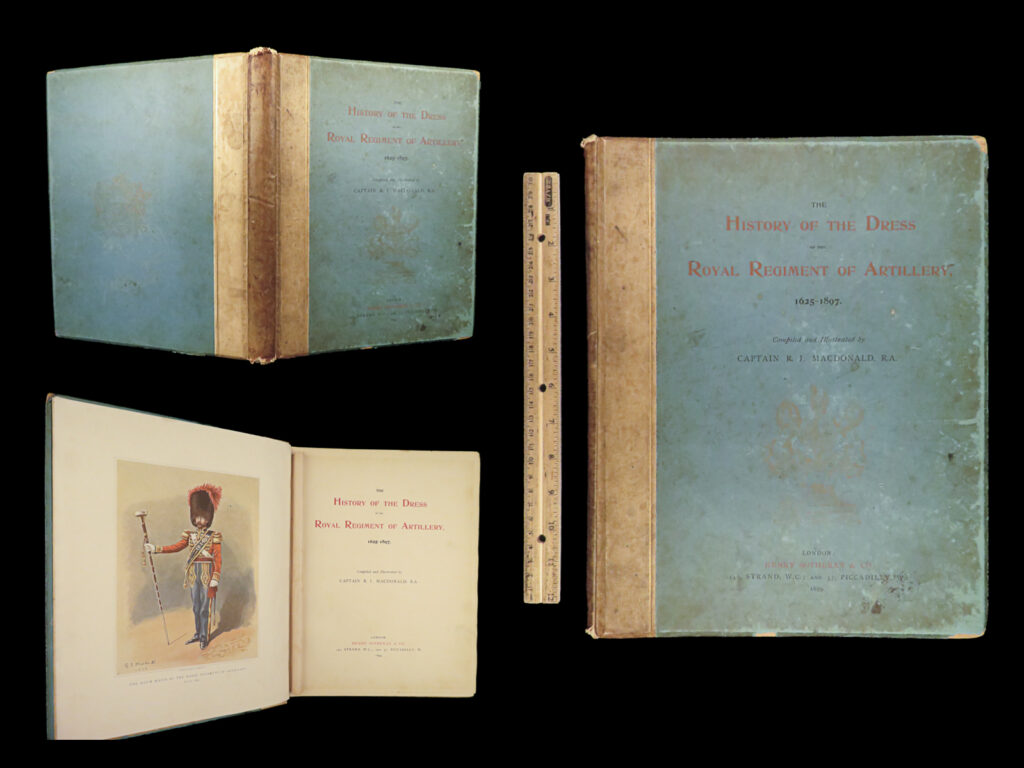 1899 dress of royal regiment of artillery british army costume illustrated rare | reginald macdonald was a 19<sup>th</sup>-century officer in the british royal navy known for his service on and command of numerous ships in the royal fleet. Macdonald, however, was not just known for his military command, he is today remembered also for his impressive ‘<em>history of the dress of the royal regiment of artillery’</em> – a beautifully colored history of the clothes worn by british military. It is filled with illustrations depicting armor and weaponry, hats and costume, and so much more, all describing the dress from the 1620s through the end of the 19<sup>th</sup>-century.