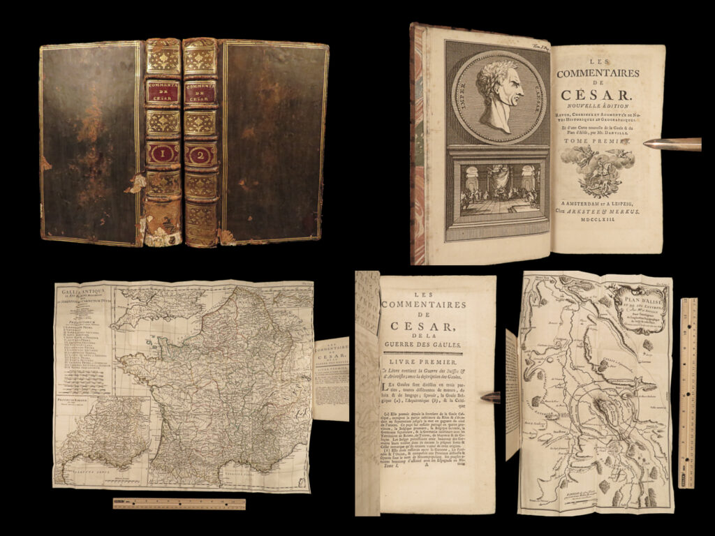 1763 julius caesar war commentaries military tactics hirtius bellum anville maps |   <em>“if you must break the law, do it to seize power: in all other cases observe it! ” </em> – julius caesar <em> </em> a rare collection of civil war histories and julius caesar war commentaries!   julius caesar’s war commentaries are some of the most prolific military writings! While not specifically known for his writing, julius caesar wrote this book which would become a mainstay in the latin literature canon. It focuses on first-hand account of julius caesar in the callic wars, but it was written as though from a third-person view. <em> </em> this rare 1763 french edition was edited and translated by perrot d’ablancourt and mascrier and includes aulus hirtius' <em>bellum alexandrinum</em> and his continuation of caesar’s <em>de bello gallico</em>. The draw, however, of this two-volume edition is the impressive, folding maps by bourguignon d’anville.