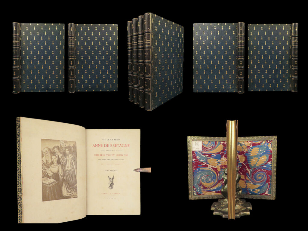 1860 exquisite fine binding 1ed queen anne of brittany medieval france kings | anne of brittany was a 15<sup>th</sup>-century french noble who served, twice, as the queen of france while married to charles viii and his cousin louis xii. Author le roux de lincy wrote one of the best, if not the best biography on the life and reign of queen anne – a work which surveyed not only her life but also the political landscape of france during the reigns of charles viii and louis xii. Each of the four volumes from this 1860 first edition is beautifully bound in decorative green leather with <strong>gold décor and gilt fore-edge</strong>, a truly remarkable example.