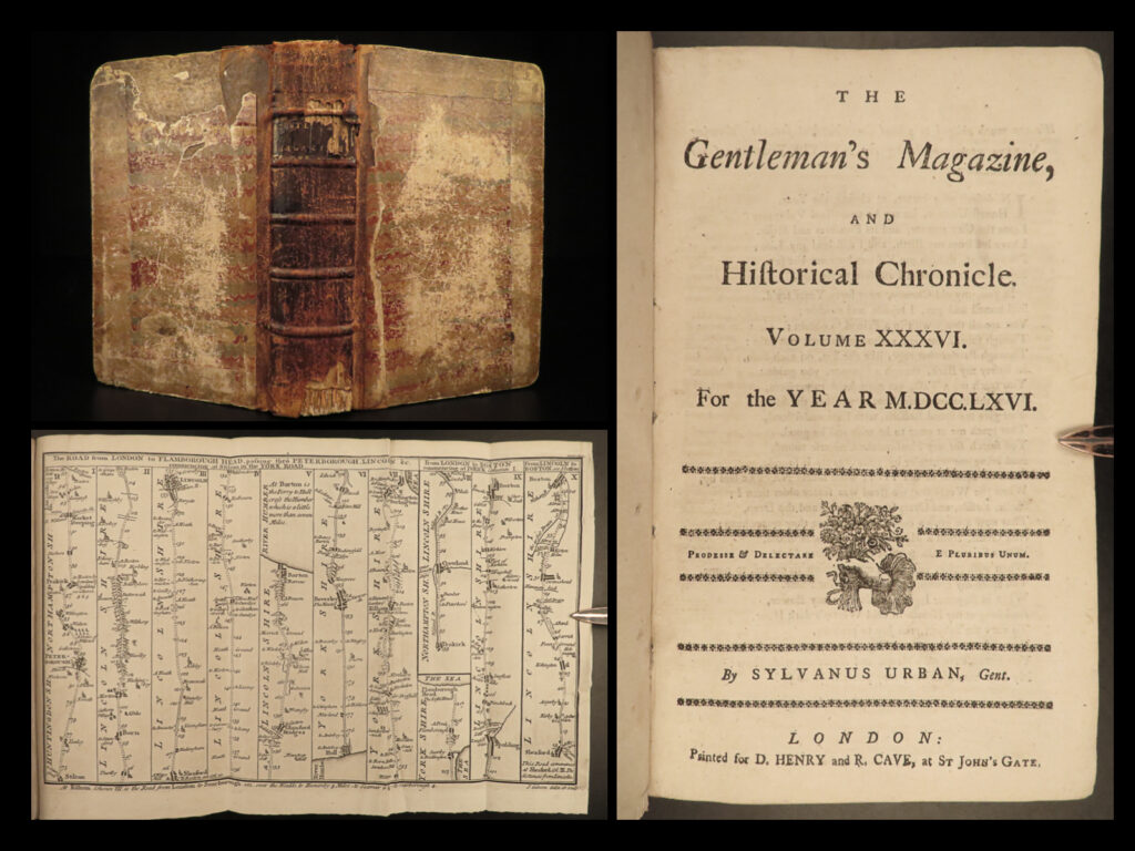 1766 1ed african pirates american stamp act repeal charles town indians pompeii | <em>the gentleman’s magazine</em> was an english periodical which first appeared in 1731. It was published without interrupt for nearly 200 years and was the first of its kind to use the term ‘magazine’. It was published by edward cave, pseud. Sylvanus urban.   this 1766 edition includes a variety of important and interesting contents some being illustrated including: <ul> <li>responses to the repeal of the stamp act</li> <li>accounts of indians at charles town</li> <li><strong><u>road maps of london</u></strong></li> <li>american responses to the quartering act (mutiny acts)</li> <li>discovery of the temple of isis, pompeii</li> <li>oppression of canadians by soldiers</li> <li>new european settlements in africa <ul> <li><strong><u>pirates along african coasts</u></strong></li> </ul> </li> </ul>
