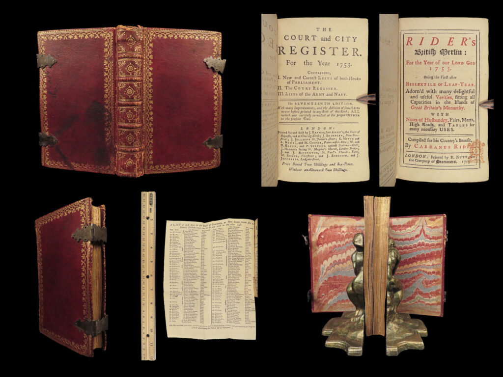 1753 rider’s british merlin 1ed astrology almanac weather england army navy | ‘<em>rider’s british merlin</em>’ was one of the first published almanacs, first printed in the mid-17<sup>th</sup>-century. Cardanus rider, a pseudonym for astrologer richard saunders, began publishing his calendar records, weather patterns, and astronomical data. It was published as a way of advising readers on healthy living and eating and how to treat varieties of diseases.
