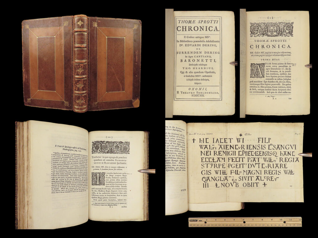 1719 hundred years war 1ed thomas sprott chronica 14th-c edward iii dering rare | a rare, fascinating 18<sup>th</sup>-century printing of an old, 14<sup>th</sup>-century chronicle of the affairs of king edward iii! Misattributed to 14<sup>th</sup>-century chronicler thomas sprott, the “<em>chronica</em>” is one of the earliest general histories of the world from creation through the year 1339, and the start of the hundred years’ war. Edward dering, a 17<sup>th</sup>-century historian, collected numerous manuscript fragments of the <em>chronica</em> and attributed them to sprott. Thomas hearne published them as a complete work in oxford in 1719 – a work which went on to be known as the <em>fragmenta sprottiana</em>, even though sprott is no longer considered to be the author of the fragments.